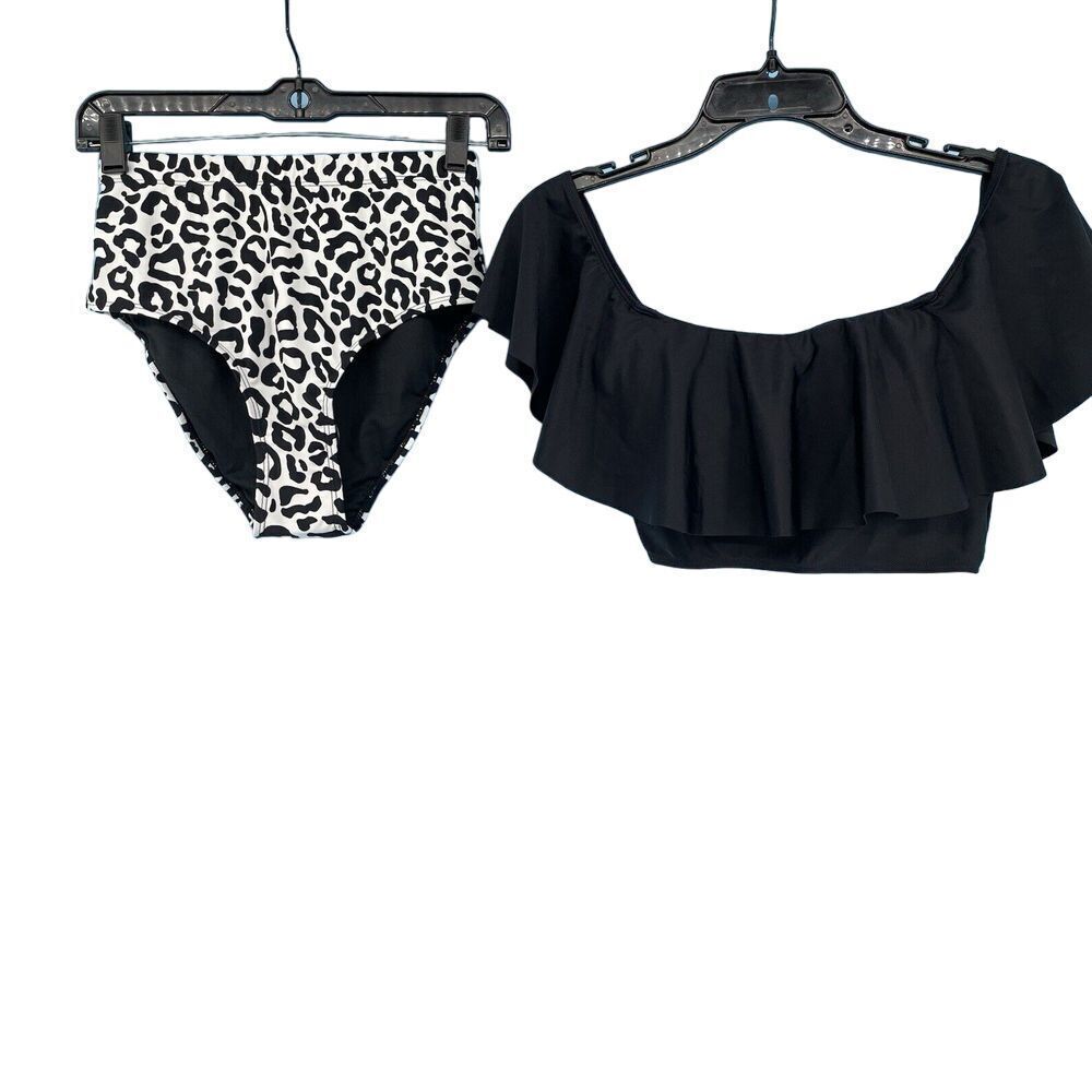 Black White Bikini Woman's Small 2-piece Swim Ruffle Top High Waist Bottoms